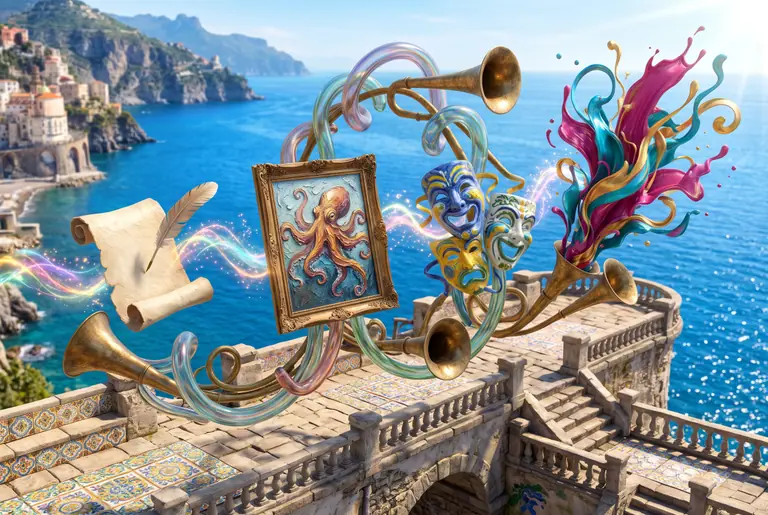 Illustrazione per Gartic Phone: una catena a spirale di corni acustici in ottone e cornici dipinte che trasformano messaggi in disegni sopra il mare.