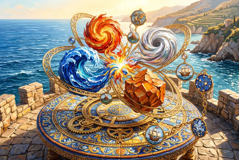 Illustrazione per Infinite Craft: quattro sfere elementari di Acqua, Fuoco, Vento e Terra si fondono sopra un astrolabio in maiolica generando nuove creazioni.