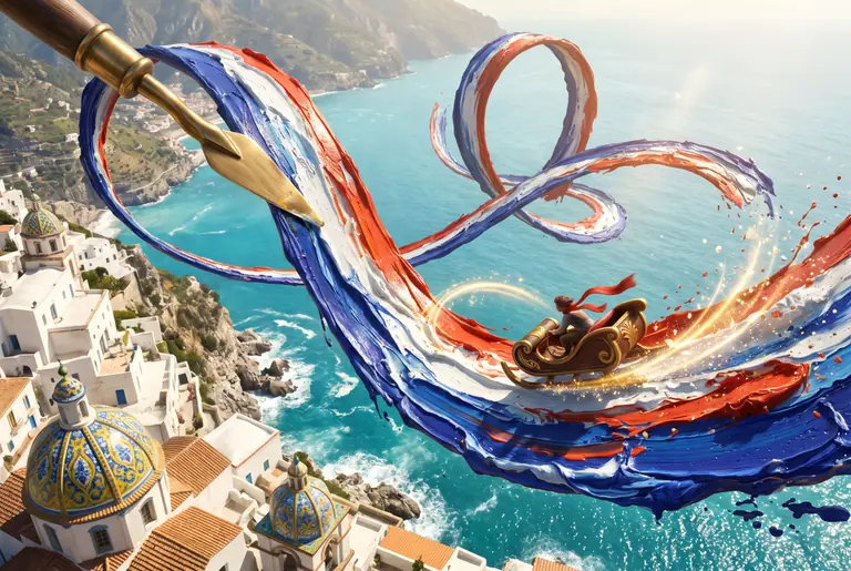 Illustrazione per Line Rider: uno slittino in legno e ottone sfreccia lungo una pista acrobatica scolpita nell'aria da una densa pennellata di colore.