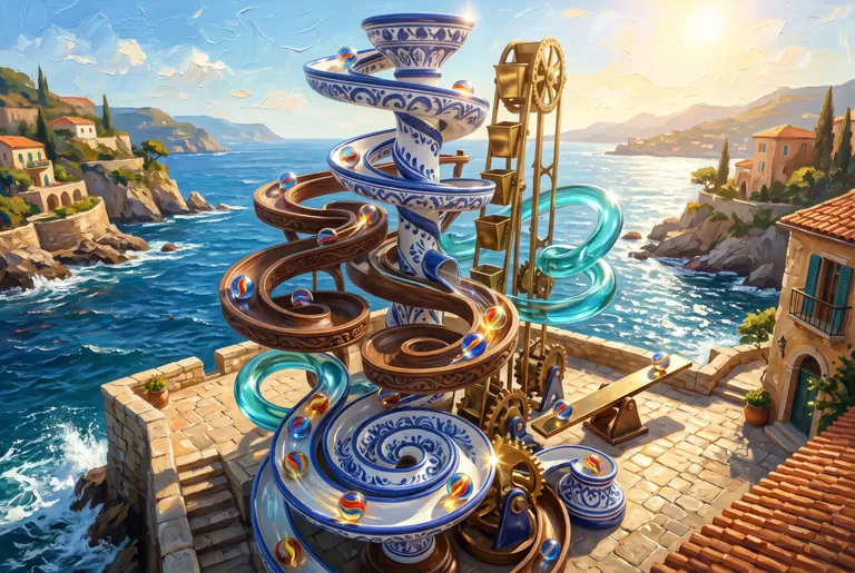 Illustrazione per Marble Run Simulator: una monumentale pista cinetica di canaline in maiolica, legno e vetro di Murano percorsa da biglie colorate.