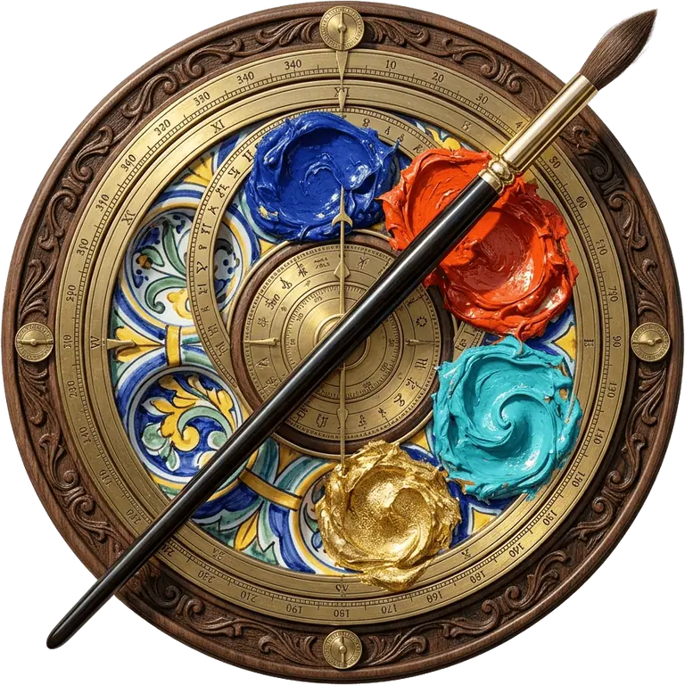 La Rosa dei Pigmenti: una tavolozza-astrolabio in maiolica di Vietri, noce e ottone colma di colori a tempera e attraversata da un pennello marino.