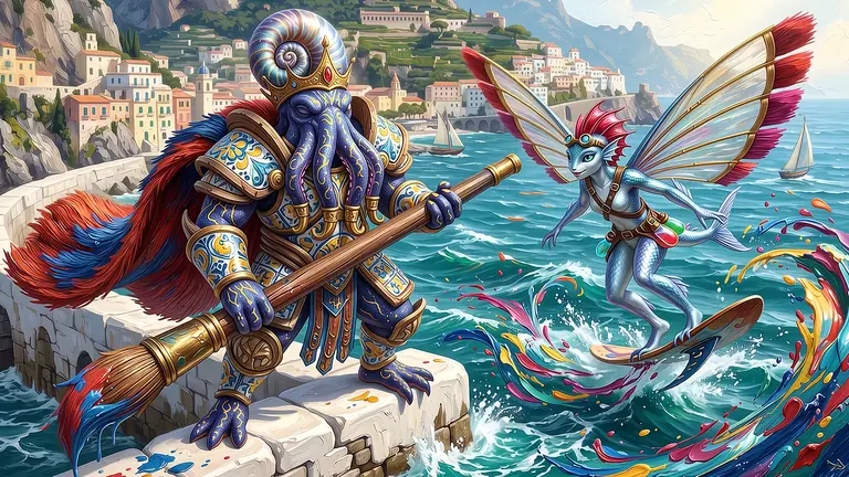 Maestro Pennelmaro Vael e Marisella Tempera sul Molo Cromatico di Levante tracciano nastri di tempera vermiglia e blu oltremare sopra le onde del Mediterraneo.