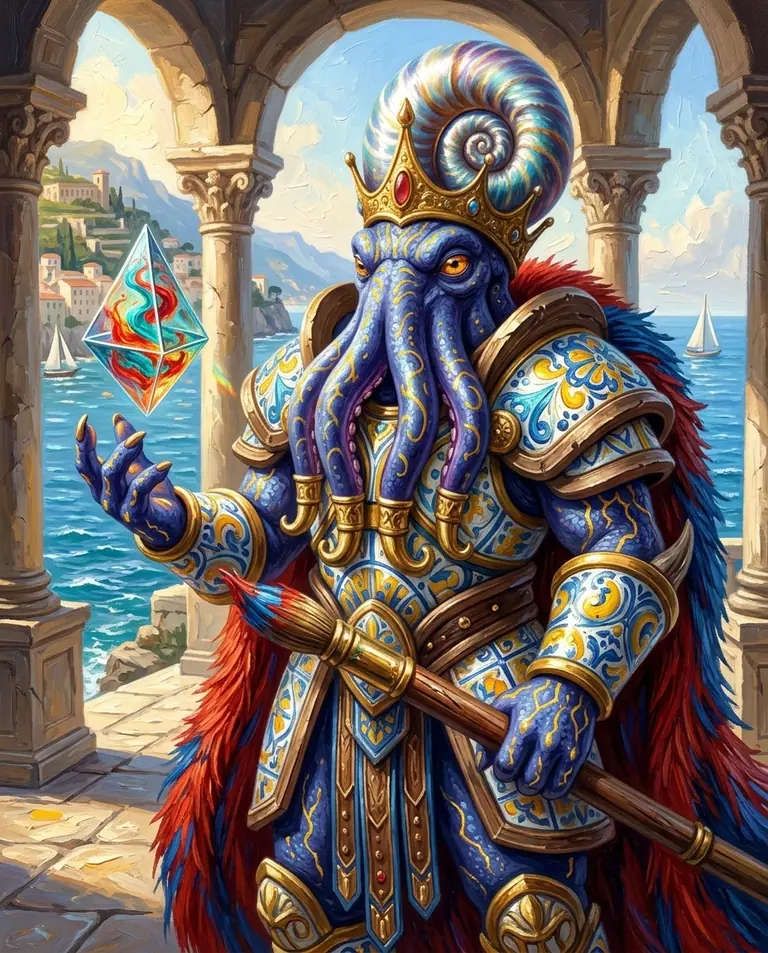 Ritratto ravvicinato di Maestro Pennelmaro Vael con la corona di nautilus e l'armatura in maiolica mentre osserva un prisma di vetro colmo di pigmenti.