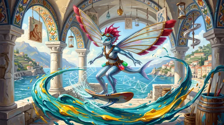 Marisella Tempera sfreccia tra le arcate in calce e maiolica della Bottega del Tratto tracciando schizzi luminosi tra le tele sospese.